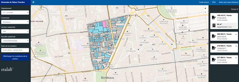 impression écran du site DVF Etalab sur les prix immobilier à Grenoble